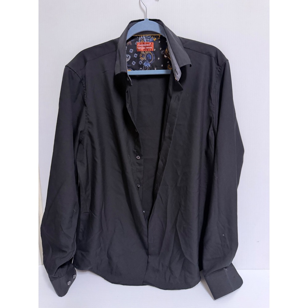 Consequence Mens Black Button Down Shirt Paisley Trim Long Sleeve Medium